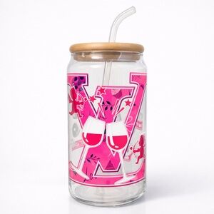 Pink Graphic 16 oz Glass Tumbler with Straw